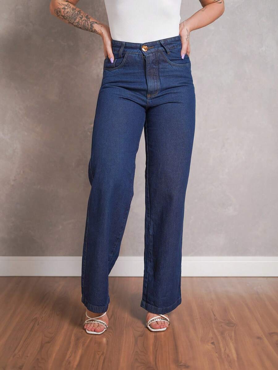 Calça Jeans Feminina Shein Wide Leg 100% Jeans Feminina Tecido Grosso Premium