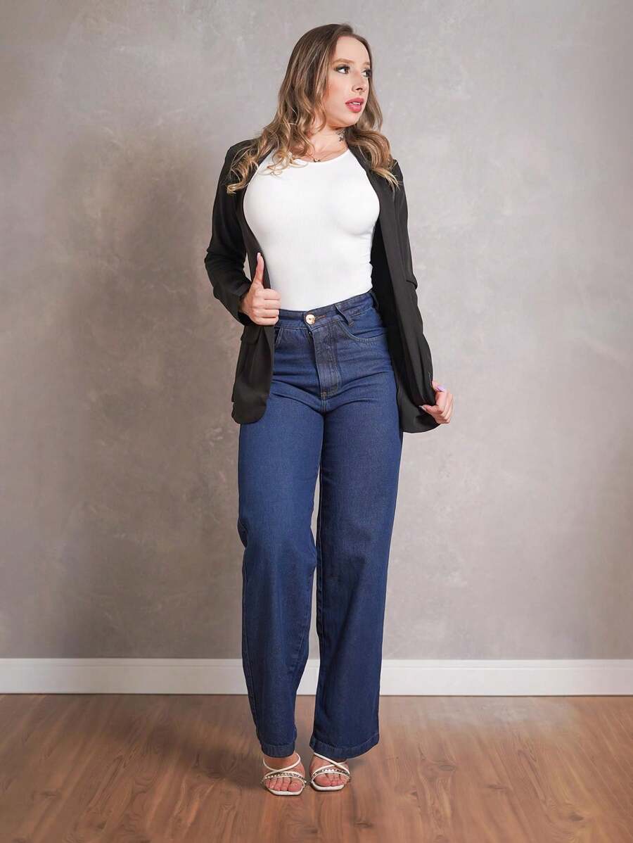 Calça Jeans Feminina Shein Wide Leg 100% Jeans Feminina Tecido Grosso Premium