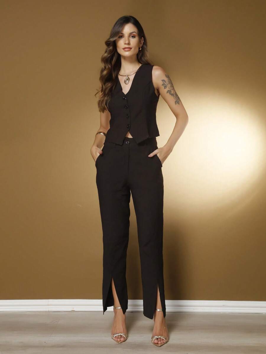 Conjunto Social Feminino com Colete e Calça em Tecido Marrant