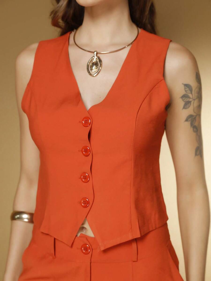 Conjunto Social Feminino com Colete e Calça em Tecido Marrant