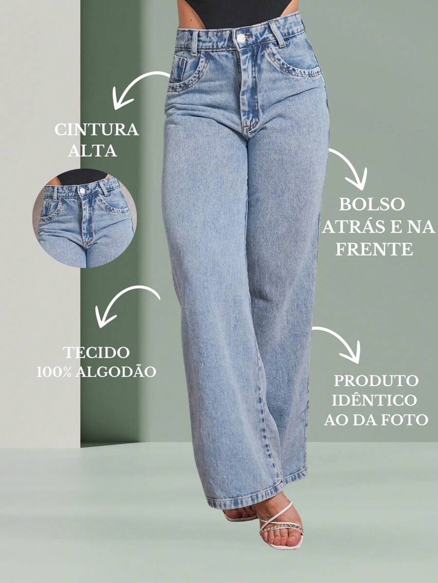 Calça Jeans Feminina Shein Wide Leg 100% Jeans Feminina Tecido Grosso Premium