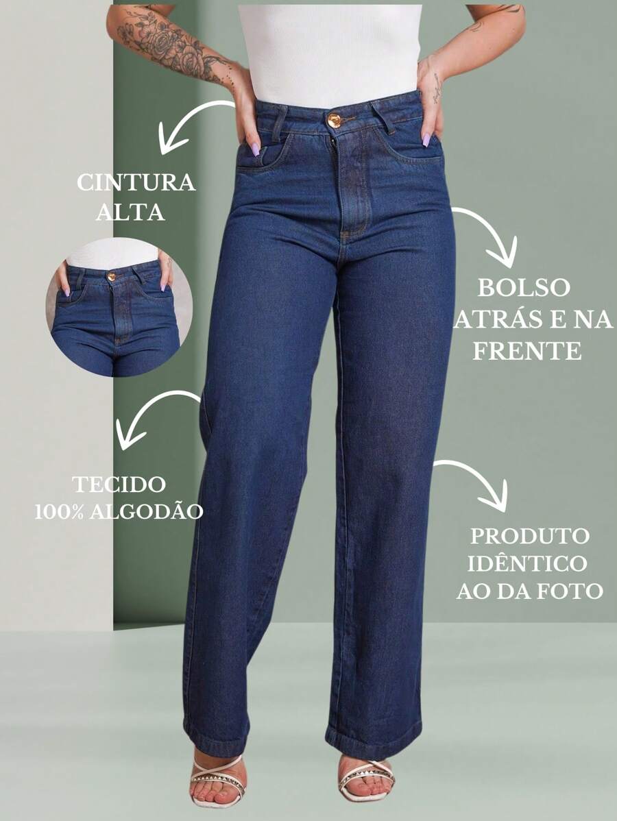Calça Jeans Feminina Shein Wide Leg 100% Jeans Feminina Tecido Grosso Premium