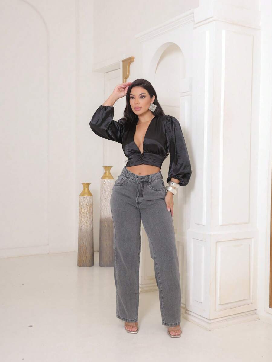 Calça Jeans Feminina Shein Wide Leg 100% Jeans Feminina Tecido Grosso Premium