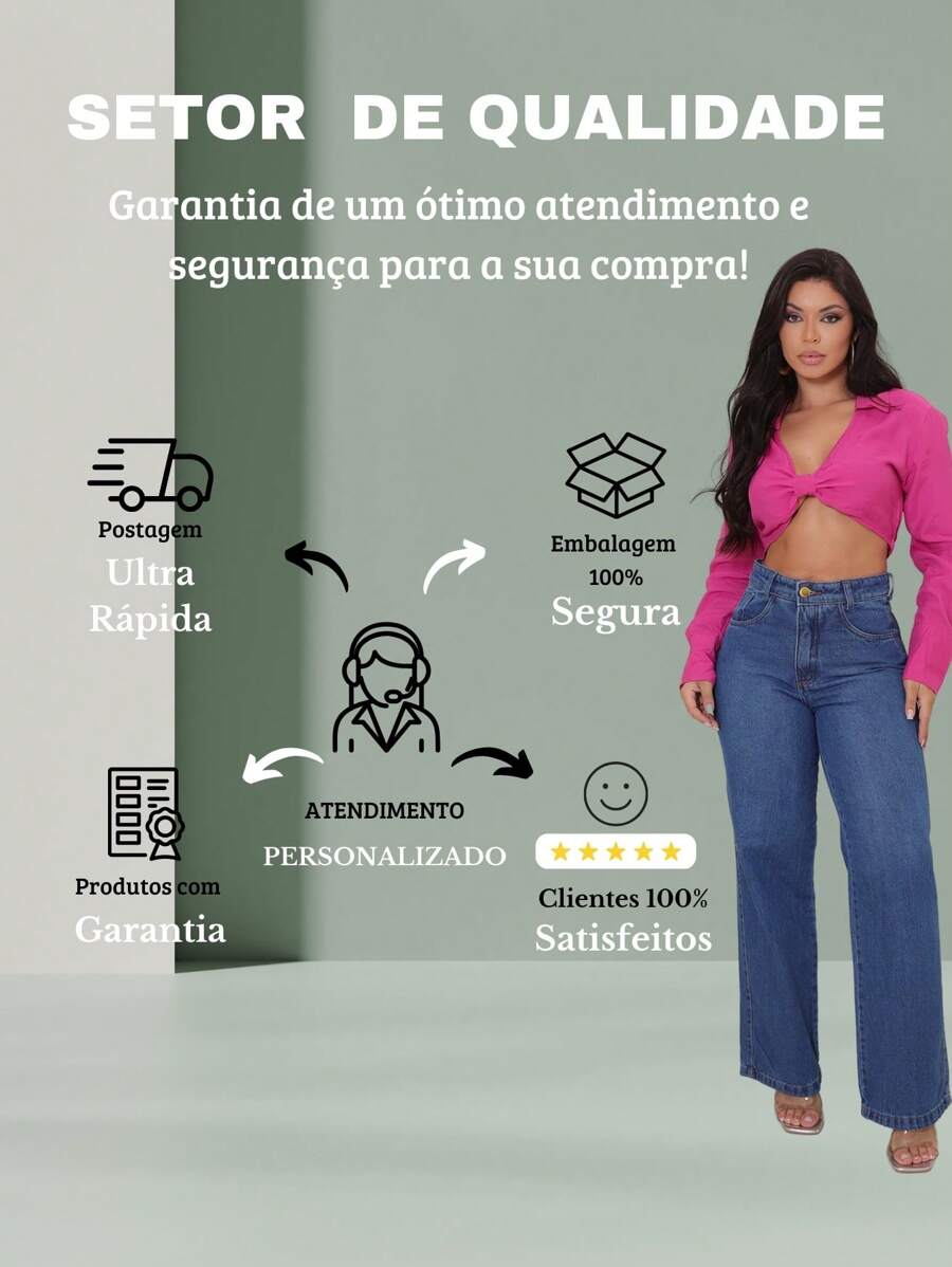 Calça Jeans Feminina Shein Wide Leg 100% Jeans Feminina Tecido Grosso Premium