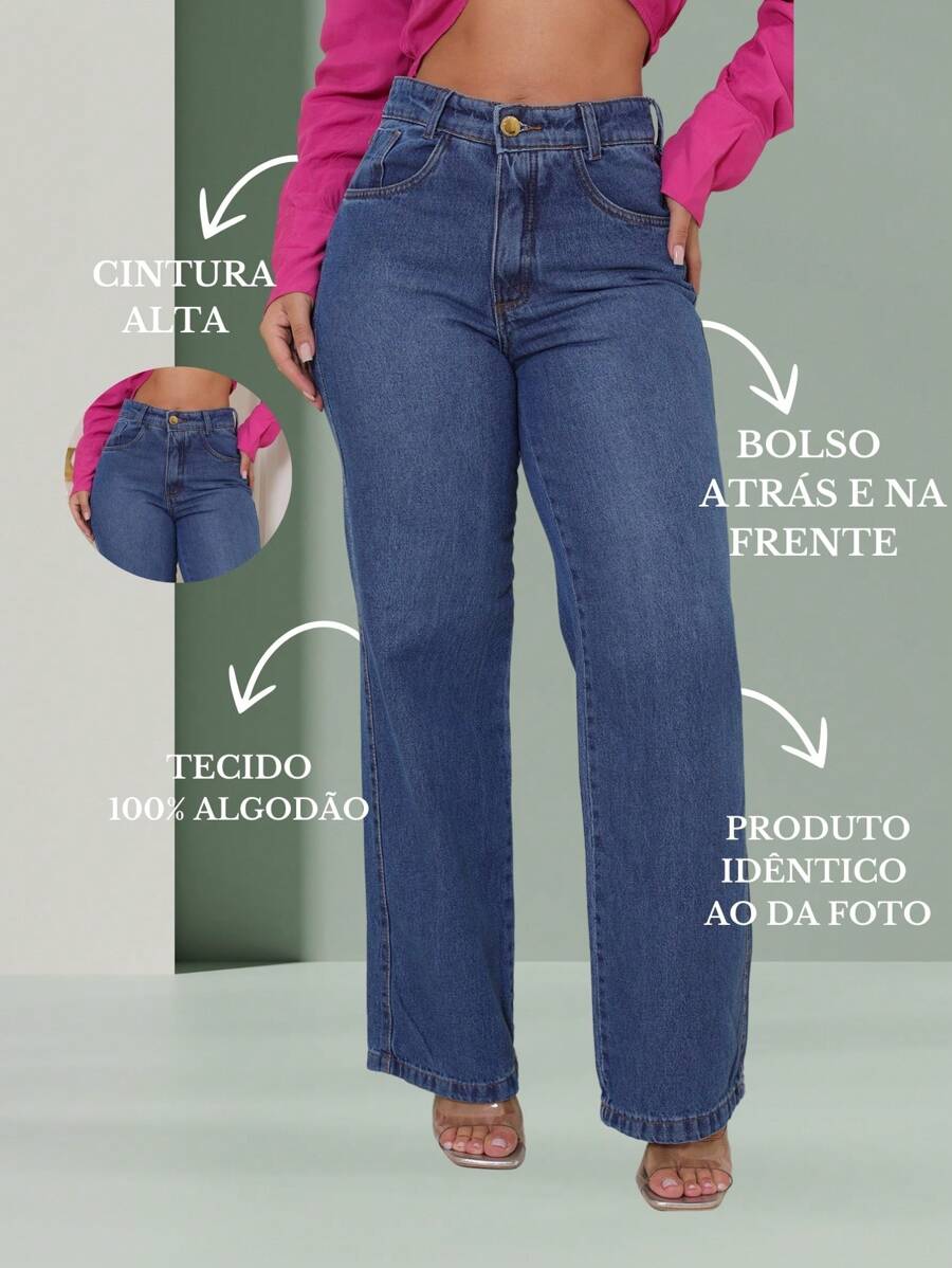 Calça Jeans Feminina Shein Wide Leg 100% Jeans Feminina Tecido Grosso Premium
