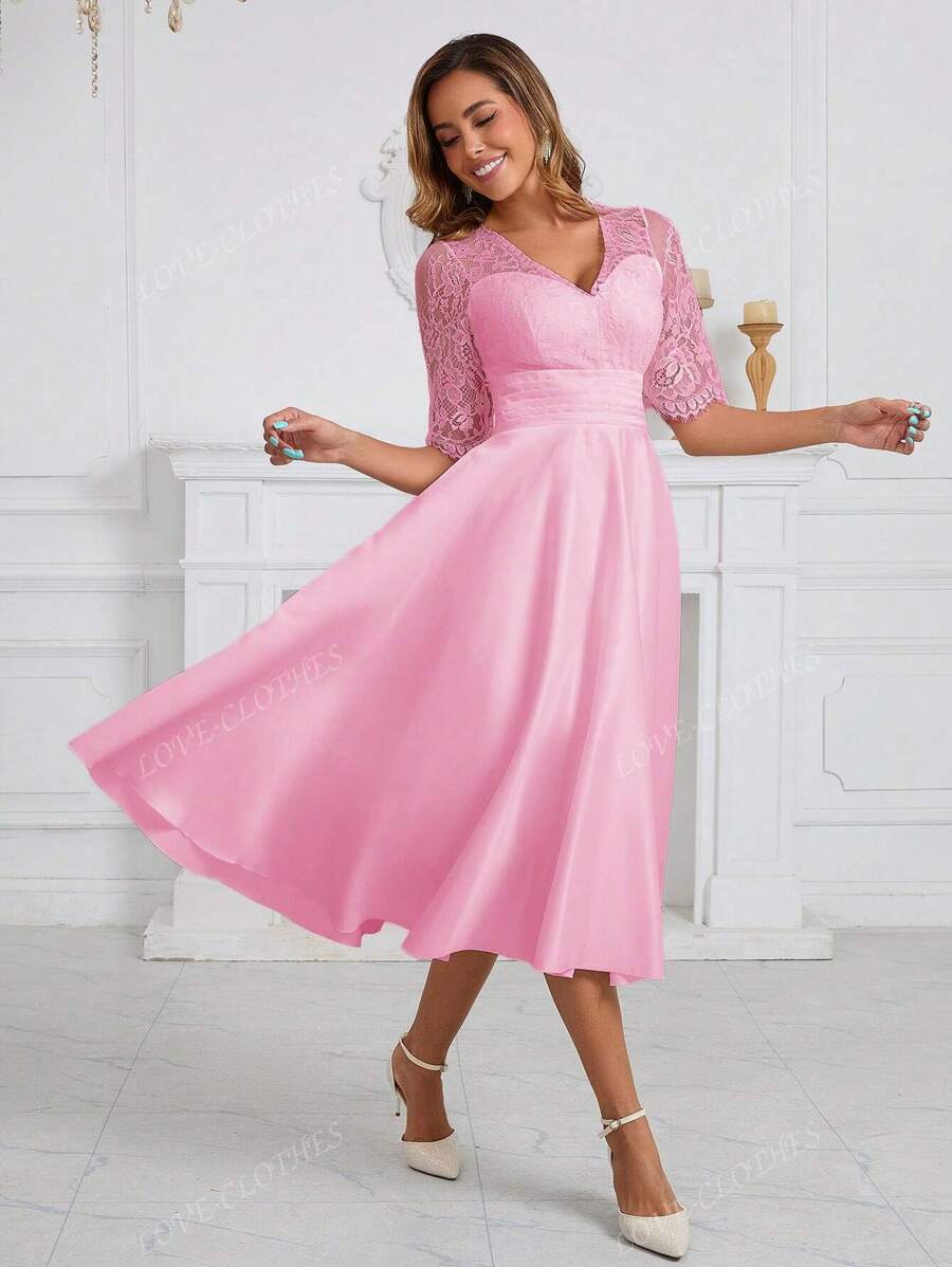 Vestido de Noiva Romântico de Renda Vestido de Saia de Média Manga em Forma de Guarda-Chuva para Chá de Panela