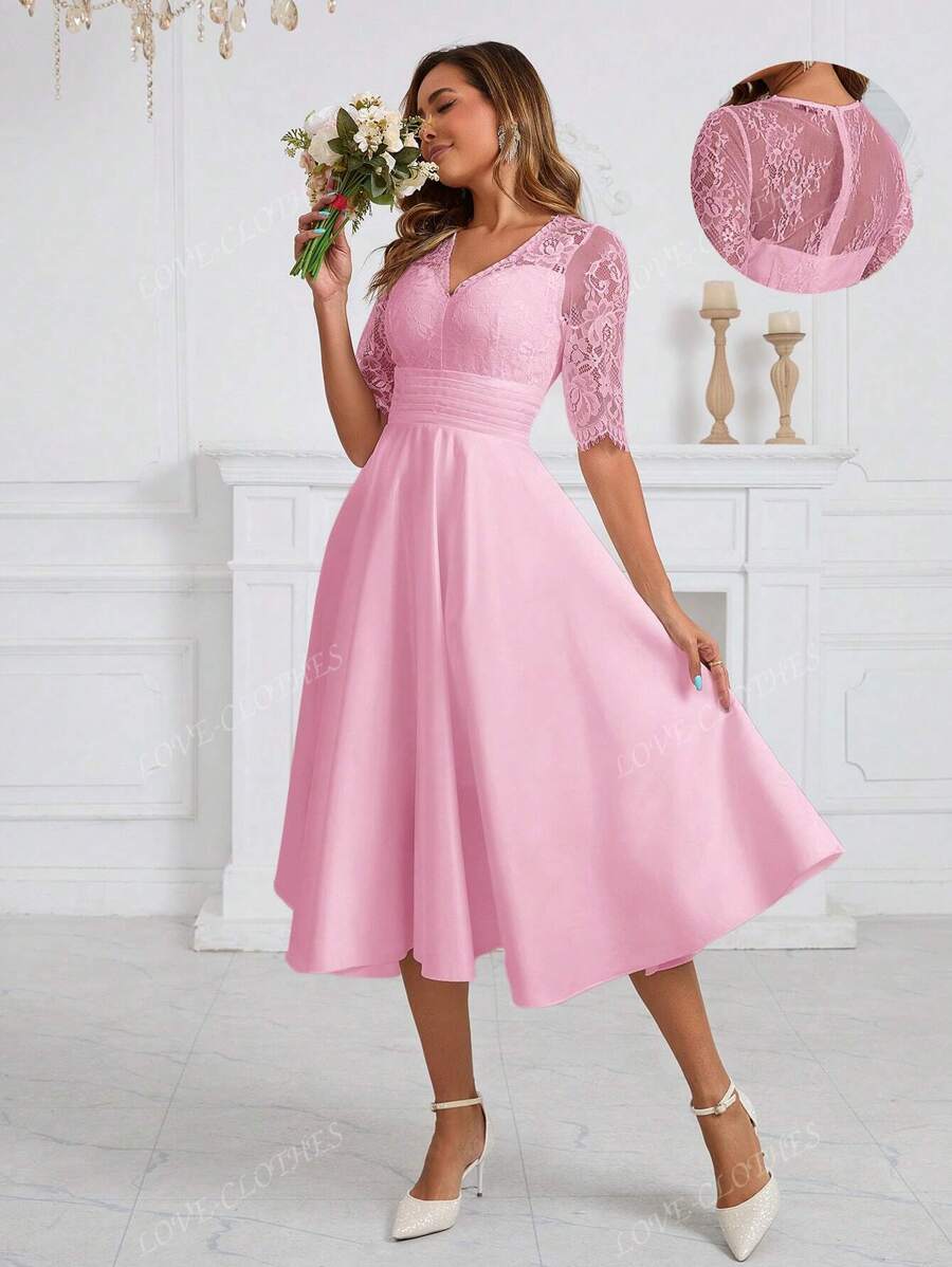 Vestido de Noiva Romântico de Renda Vestido de Saia de Média Manga em Forma de Guarda-Chuva para Chá de Panela