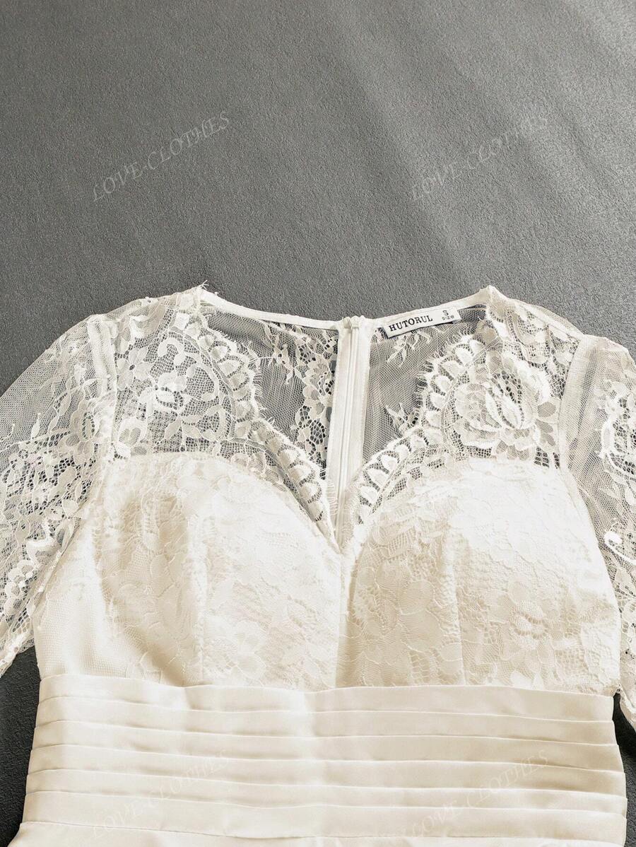 Vestido de Noiva Romântico de Renda Vestido de Saia de Média Manga em Forma de Guarda-Chuva para Chá de Panela