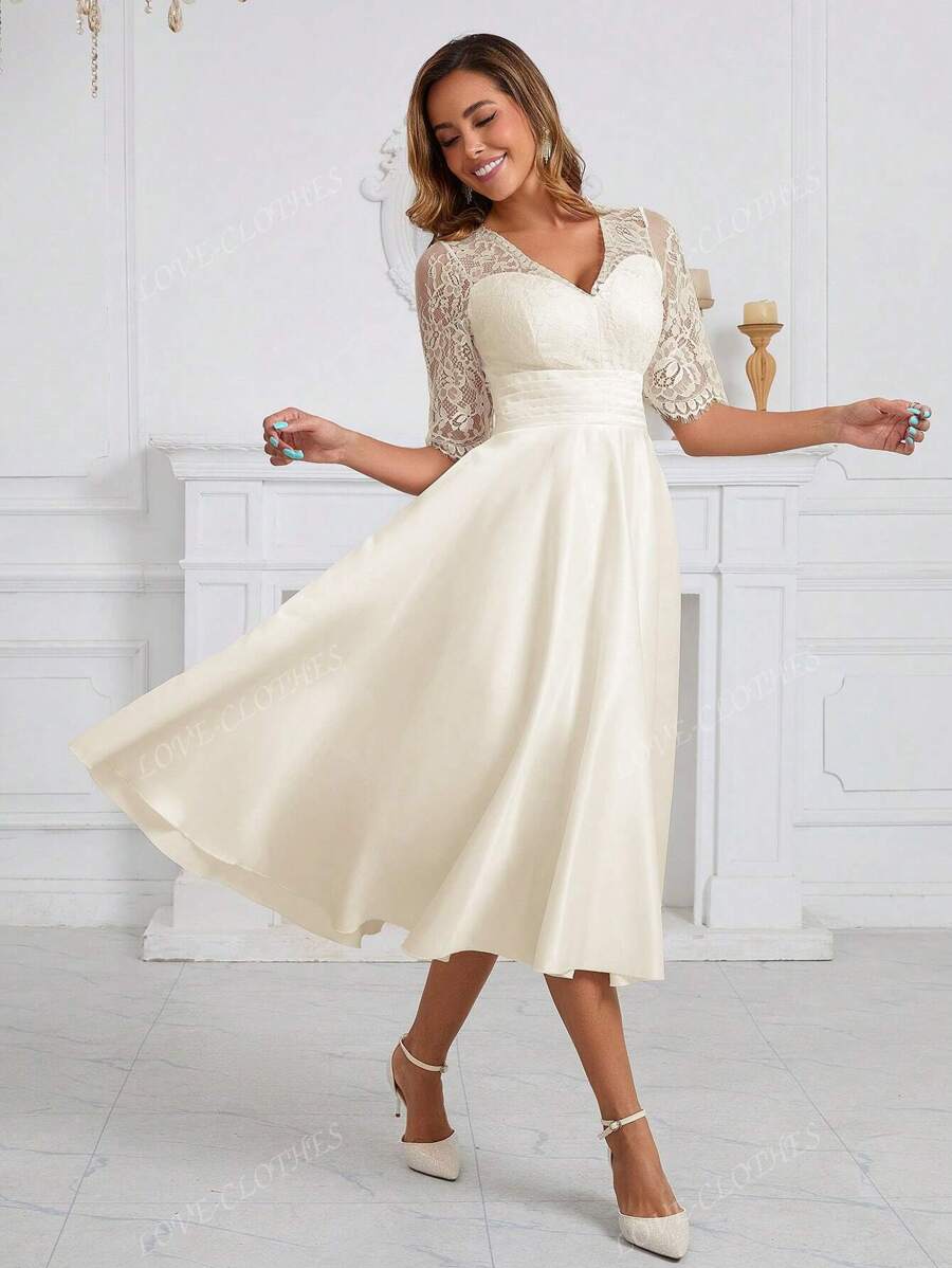 Vestido de Noiva Romântico de Renda Vestido de Saia de Média Manga em Forma de Guarda-Chuva para Chá de Panela