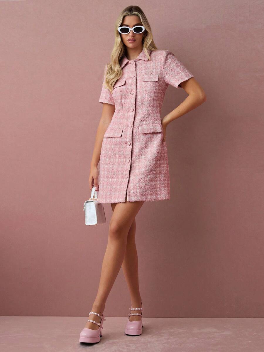 Vestido Rosa em Tecido Encorpado Xadrez