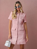 Vestido Rosa em Tecido Encorpado Xadrez