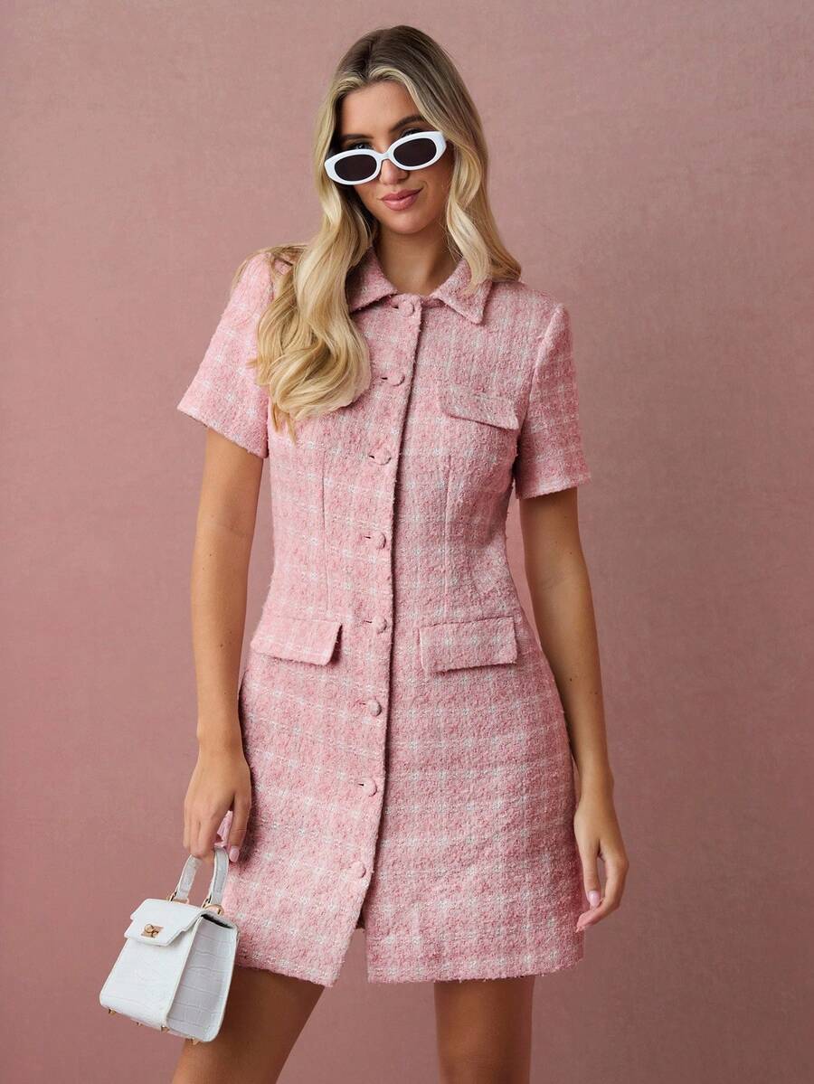 Vestido Rosa em Tecido Encorpado Xadrez
