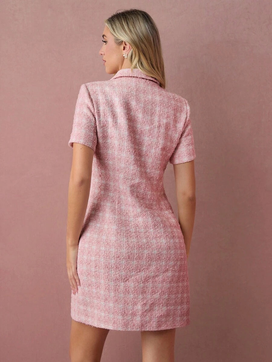 Vestido Rosa em Tecido Encorpado Xadrez