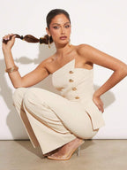 Conjunto 2 Peças Feminino Elegante com Top Sem Alça e Calça